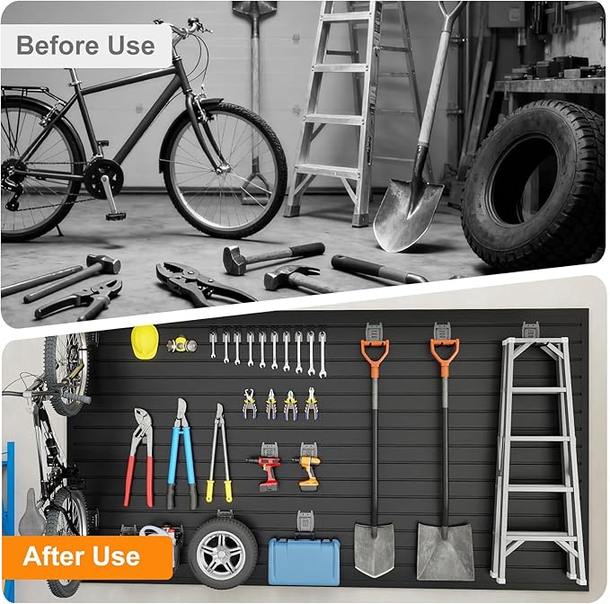 DoCred Slatwall Paneling Organizer, 4x2 FT PVC Garage Slat Wall Storage Systems, Heavy Duty Mounted Slat Peg Board for Tool Organization Ladder Bike Rack (Black)
