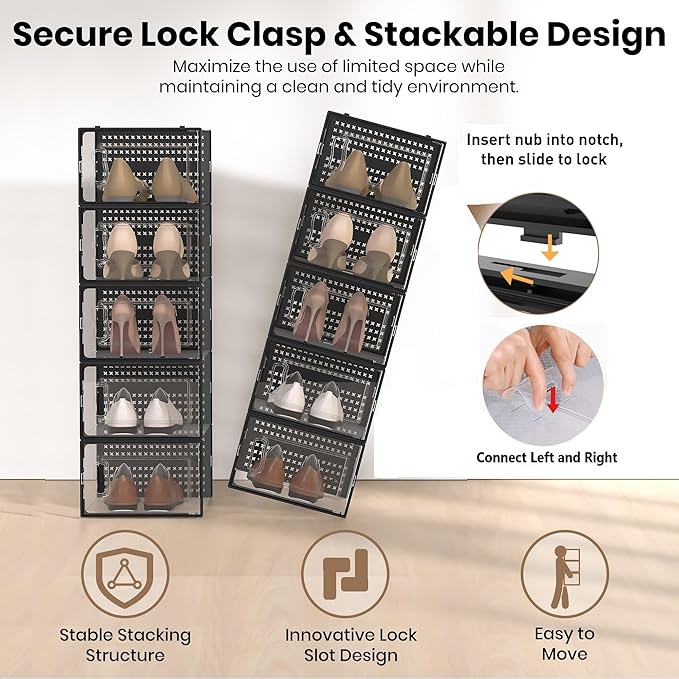 12 Pack XX-Large Modular Clear Plastic Stackable Shoe Storage Organizer for Closet, Space Saving Versatile Sneaker Shoe Rack Containers Bins Holders, Portable Closet Organizers and Storage, Black