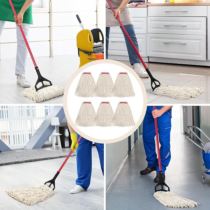 Matthew Cleaning 24oz 6Pack Cotton Floor Mop, Looped-Open String Heavy Duty Refills, Universal Headband Blend, Head Replacement for Home, Industrial and Commercial Use (White)