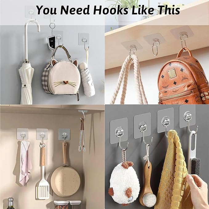 DKHDBD Large Adhesive Hooks, 16-Pack Hold 33lb(Max) Heavy Duty Sticky Hooks, Waterproof Transparent Hooks for Hanging, Self-Adhesive Traceless Clear Wall Hooks to Use for Keys Robe & Towel