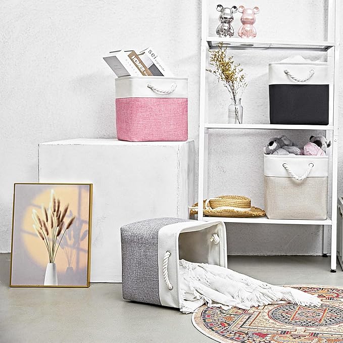 Cube Storage Bins, Collapsible Fabric Storage Cubes Bins, 11 Inch Cube Storage Bins with Handles, Foldable Storage Cubes (White/Beige, 6Pack)