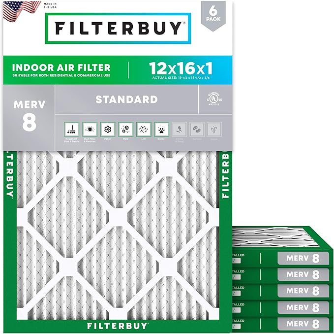 Filterbuy 12x16x1 Air Filter MERV 8 (MPR 700) Dust Defense Replacement (6-Pack), Electrostatic Pleated HVAC AC Furnace Filters, Made in USA (Actual Size: 11.50 x 15.50 x 0.75)