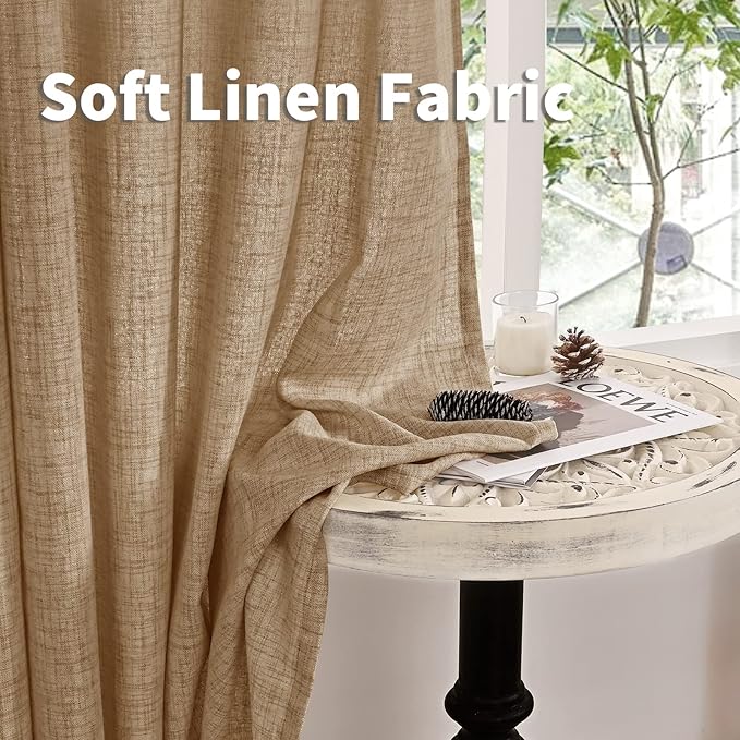 YoungsTex Burlap Linen Semi Sheer Curtains 72 Inch Length for Living Room, Semi Sheer Window Treatments Light Filtering with Rod Pocket Back Tab for Farmhouse Bedroom, Toffee, 2 Panel, 52 X 72 Inch