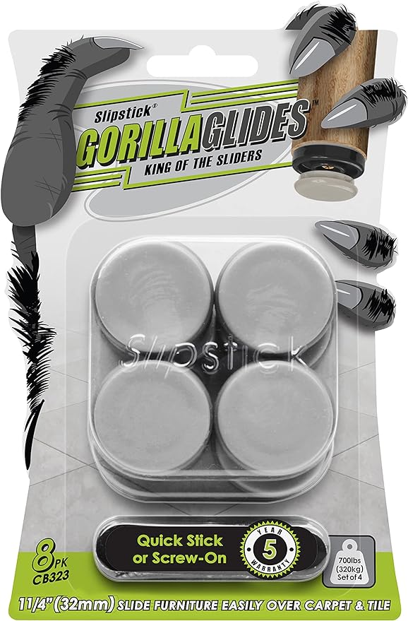 GorillaGlides CB323 1-1/4 Inch Furniture Sliders/Chair Glide Floor Protectors (Set of 8 Glides) Self-Adhesive Screw On Furniture Glides for Low Pile Carpet and Hard Surface Flooring, Round