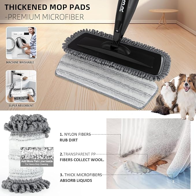 Microfiber Spray Mop for Floors Dry and Wet Mop with Dusting 360 Rotation for Kitchen, Hardwood, Laminate, Tile Floors Includes 3 Refill Heads, Scraper, Holder & Spray Bottle