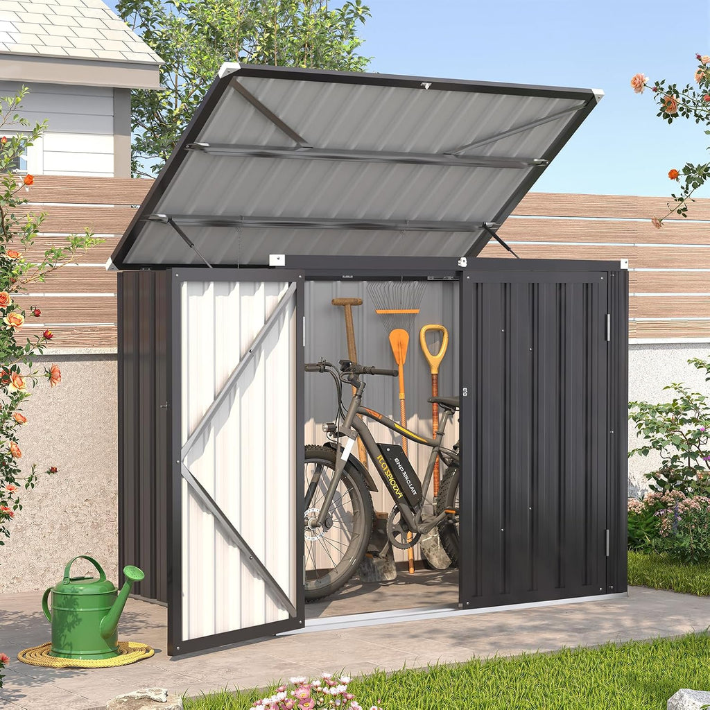 AECOJOY Outdoor Trash Can Storage Shed, 46 Cu.Ft Metal Garbage Bin Enclosure with Lift-Up Lid & Gas Strut, Waterproof Outdoor Garbage Can Organizer, Bike Shed Backyard Patio Garden, Dark Grey