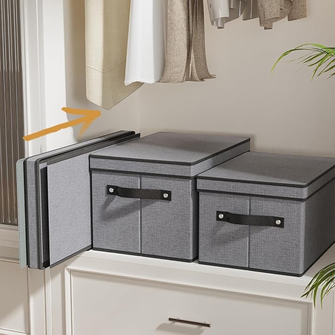 Clothing Storage Bins, Blanket Baskets for Shelves, Fabric Cubes with Handles and Lids, Decorative Linen Closet Organizers Boxes, Gray, 3 Pack, 16.5 x 11.8 x 10.2 Inch