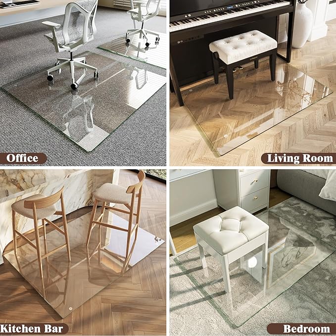 Koonmi Tempered Glass Chair Mat 45"x53" - Premium Office Chair Mat for Hardwood Floors & Low-Pile Carpet with 4 Non-Slip Pads - Thick Scratch-Resistant Surface