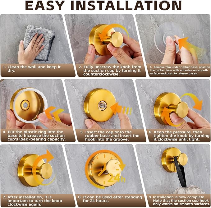 Reusable Heavy Duty Suction Cup Hooks for Kitchen/Bathroom/Shower - Wet-Proof Hooks for Towels, Robes, Loofah&Wreaths/No Drill Mounting on Glass, Tile, Metal (2, Brushed Gold)