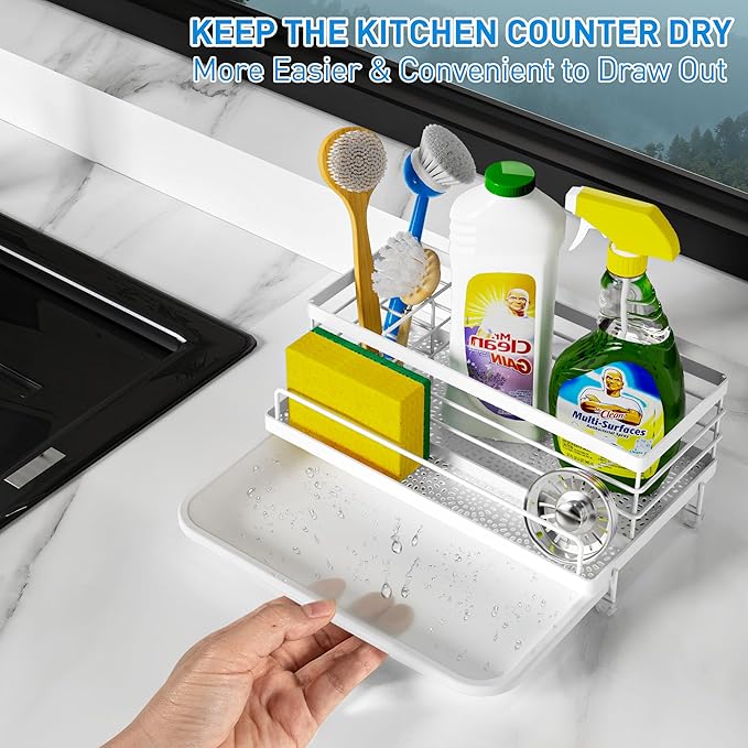 Cisily Sponge Holder for Kitchen, Sink Caddy Organizer, Kitchen Sink Accessories with Drip Tray, Rustproof and Non-Slip Kitchen Sink Sponge Holder, Kitchen Essentials for New Home（White）