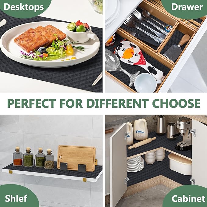 Shelf Liners, Non-Adhesive Drawer Liner, Waterproof & Oil-Proof Kitchen Cabinet Cupboard Liner Plastic EVA Material BPA Free Fridge Liner Mats Paper Protector for Shelves (Black/16in x 240in)