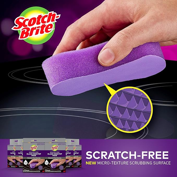 Scotch-Brite Glass Cooktop Pads, Scratch-Free & Non-Abrasive Scrubbers for Glass or Ceramic Stovetops, Cleans Burnt-On Messes with Just Water, Reusable Dishwasher-Safe Design (12 Pads)
