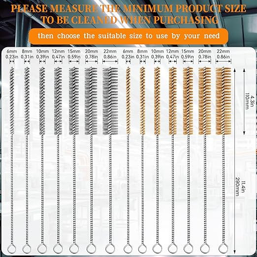 14-Pieces Brass Wire Brush Stainless Steel Tube Brush Set 12" Round Wire Brushes Kit Bore Brush Metal Bristle Cleaning for Pipe, Tube, Auto Parts, Engine (6mm/8mm/10mm/12mm/15mm/20mm/22mm)