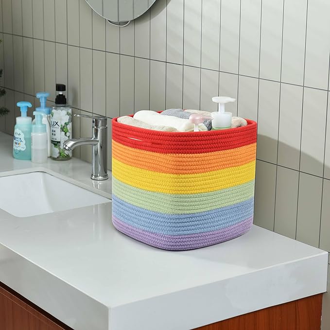 3 Pack Storage Cubes 11 Inch Cotton Rope Woven Baskets for Organizing Cube Bin Square Shelves Organizer,Classroom,Kids Toy Bins,Closet,Baby Nursery(Rainbow)