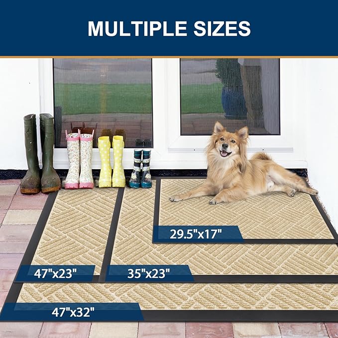 Smiry Front Door Mat Outside Entrance, Heavy Duty Outdoor Indoor Natural Rubber Doormat, Non Slip, Trap Dirt and Moisture, Easy Clean, Low Profile Patio Porch Entryway Mat, 59x23, Beige