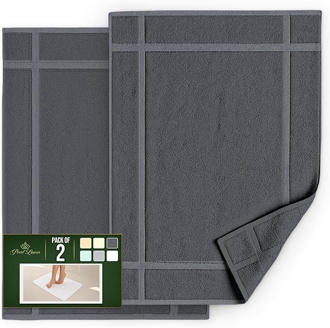Pearl Linens Pack of 2 Washable Cotton Bath Mat 18x25 - Soft & Absorbent Quick Dry Bathroom Mat Set, Not Bathroom Rugs After Shower Mat, Terry Bath Tub Mat, 687 GSM Dark Grey