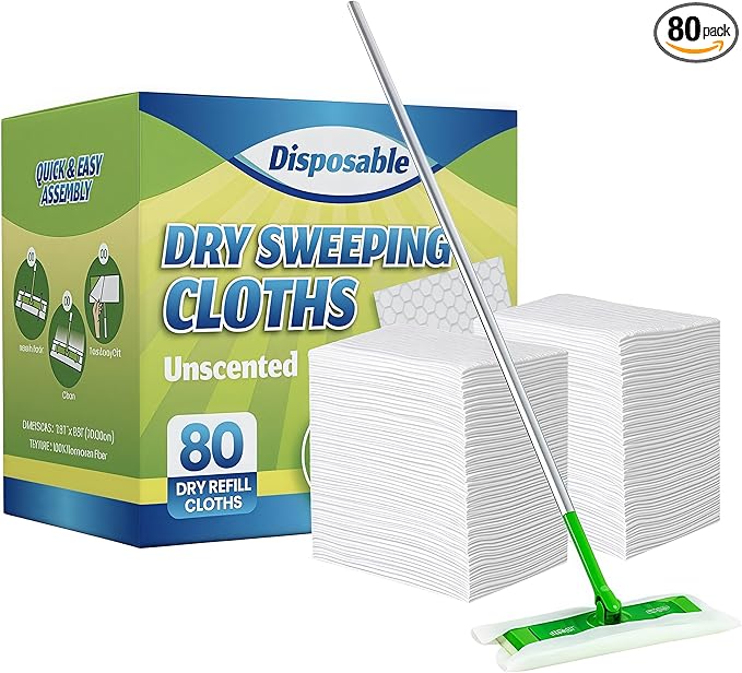 SUZZYVINE Dry Sweeping Cloths Dry Pads Refills 80 Count Dry Mop Refills for Floor Mopping and Cleaning, Dry Sweeping Cloths Dry Floor Cloths, Unscented, 7.87"x11.81" (80 Count)