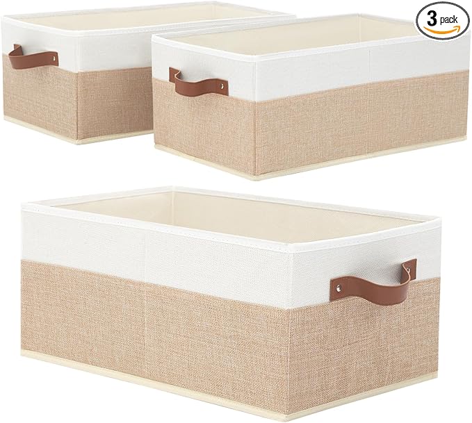 Closet Organizer Bins 3 Pack, Large Storage Bins for Shelves, Foldable Closet Storage Boxes Baskets with Leather Handles for Organizing Clothes, Sheets, Jeans, Toys, Books（Begie）