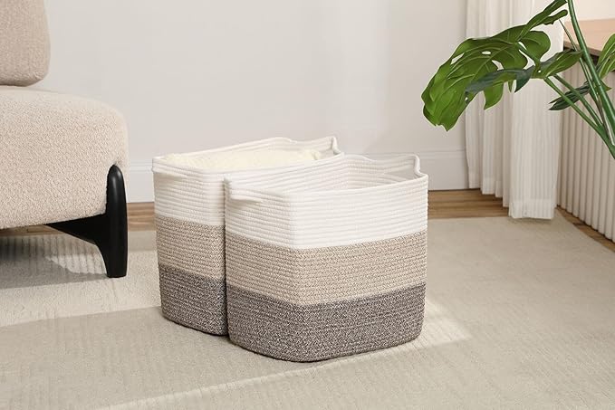 Medium and Large Woven Basket//With Handle, Used for Toys and Fabric Storage Basket used for Storing xl Storage Box, Decorative Storage Box Room 2pack (14L*12H Gradient Brown, 14L*10W*12H)