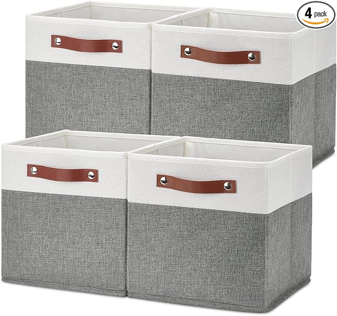 Temary Cube Storage Bins 4 Pack Storage Cubes 11×11 Fabric Storage Bins Foldable Cube Storage Baskets with Handles, Collapsible Storage Basket for Shelf (White & Grey, 11 x 11 x 11)