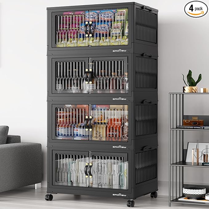 BROVIEW 320Qt Stackable Storage Bins with Lid, Extra Large Closet Organizer Collapsible Drawer Boxes with Wheels, Folding Plastic Cabinet Containers for Home Kitchen Room Organization, 4Pack Black