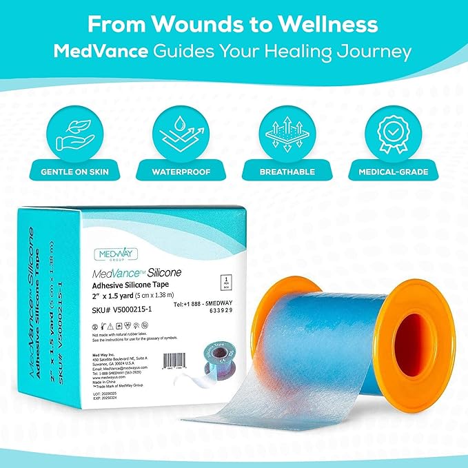 Medvance Cuttable Soft Silicone Tape - Waterproof Breathable Tape for All Skin Types - Easy Apply Non Stick Tape for Wounds - Adhesive Silicone Bandages for Blisters (3 Pack, 4.5 Feet Rolls)