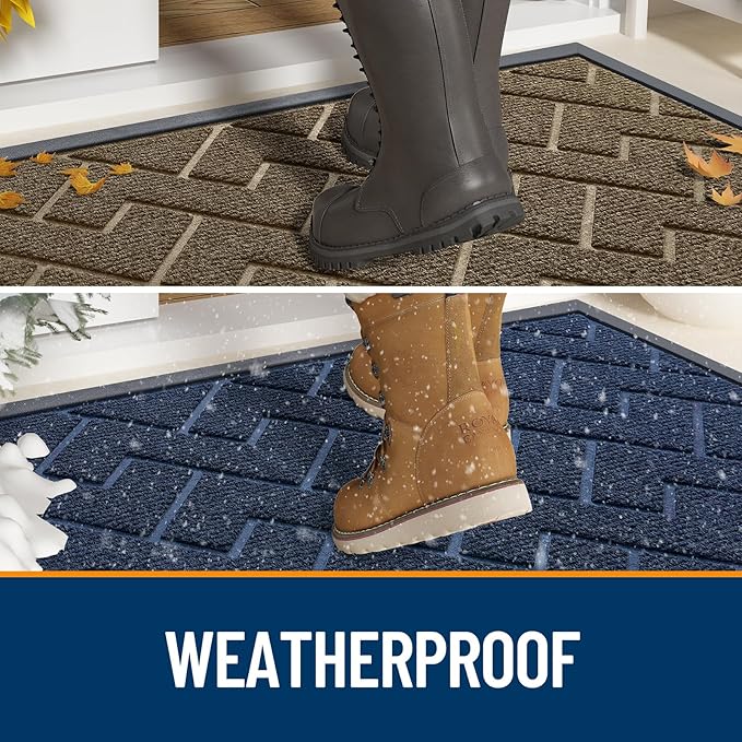 OLANLY Front Door Mat Indoor Outdoor Entrance, Waterproof All-Season, All-Weather Doormat, Sturdy Natural Rubber, Low Profile, Easy Clean Patio Porch Entryway Mat, Herringbone Brick (Blue, 29.5x17)