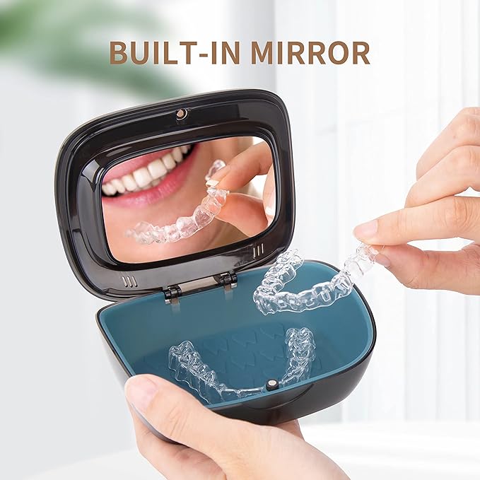 MURRI&MURRDI Retainer Case, Denture Bath Box with Strainer Basket, Mouth Guard Case, Braces Cleaner Cup, Cute Denture Holder Retainer Storage Soak Container for Travel Cleaning (C Black)