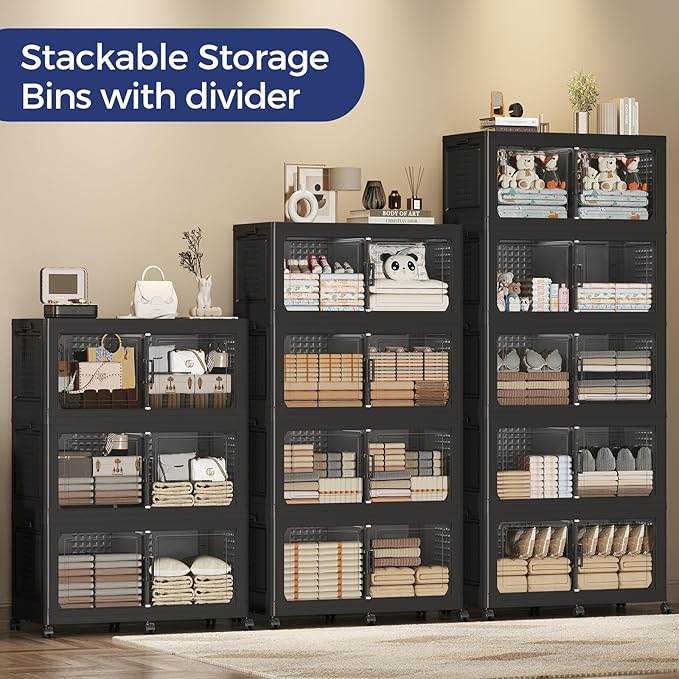 150GAL Storage Bins with Lid and Wheels, Stackable Closet Organizers and Storage Drawer, Collapsible Storage Box with Dividers, Foldable Plastic Cabinets Cubes Totes for Garage, 3 Pack Black