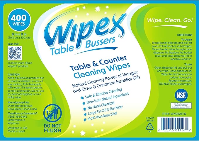 Wipex Table Bussers - Natural Cleaning Wipes | Table Cleaning Quick Cleaner & Counter Wipes | Made with Vinegar, Propolis, Clove and Cinnamon Oil, 400 Natural Surface Wipes