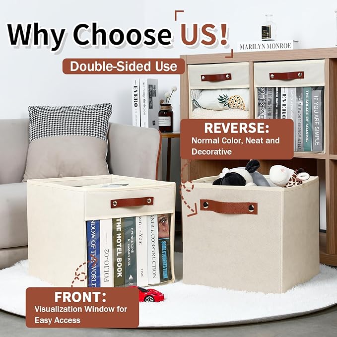 HNZIGE 11 x 11 Storage Cubes Bins for Storage Organizer,Shelf Fabric Storage Bin for Cube Organizer, Canvas Cloth Bin,Cubby Decorative Cube Organizer Bin for Cube Storage Blanket Home(Cream 6 PCS)