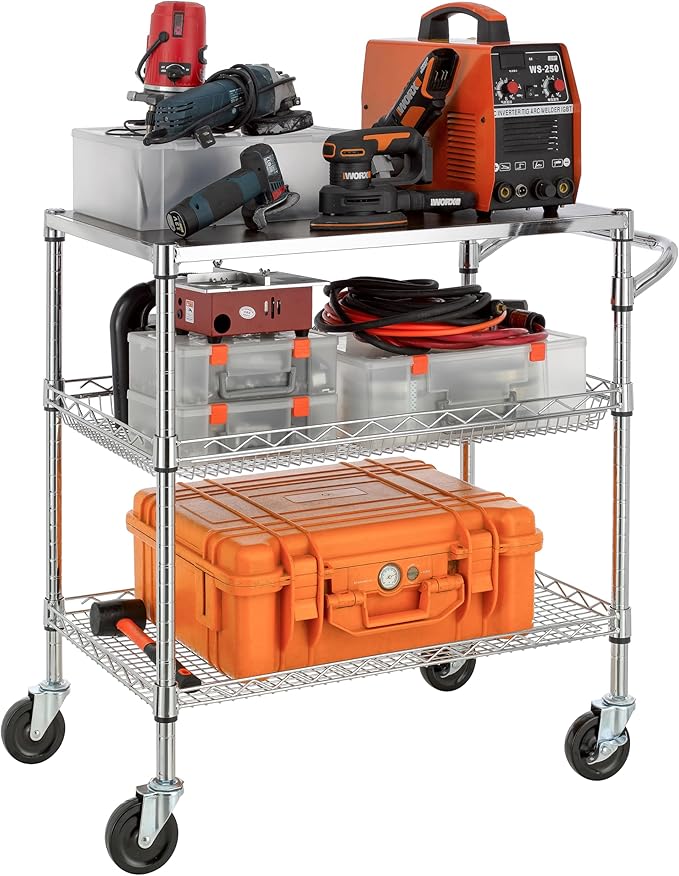 Finnhomy 3 Tier Heavy Duty Commercial Grade Utility Cart with Wood Top, Wire Rolling Cart with Wheels and Handle Bar, Kitchen Carts on Wheels, Metal Cart with 600 LBS Capacity, Chrome
