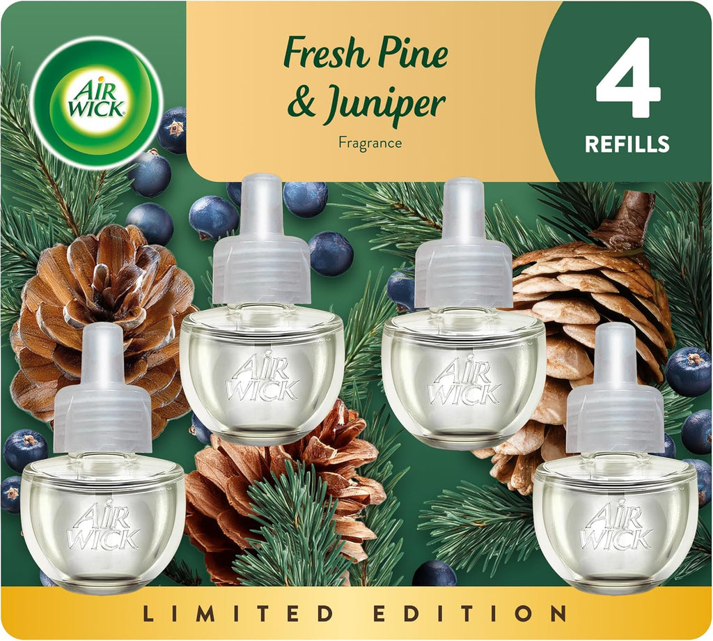 Air Wick Plug-In Scented Oil Refills, 4 Count, Fresh Pine and Juniper, Air Freshener, Essential Oils, Eco Friendly
