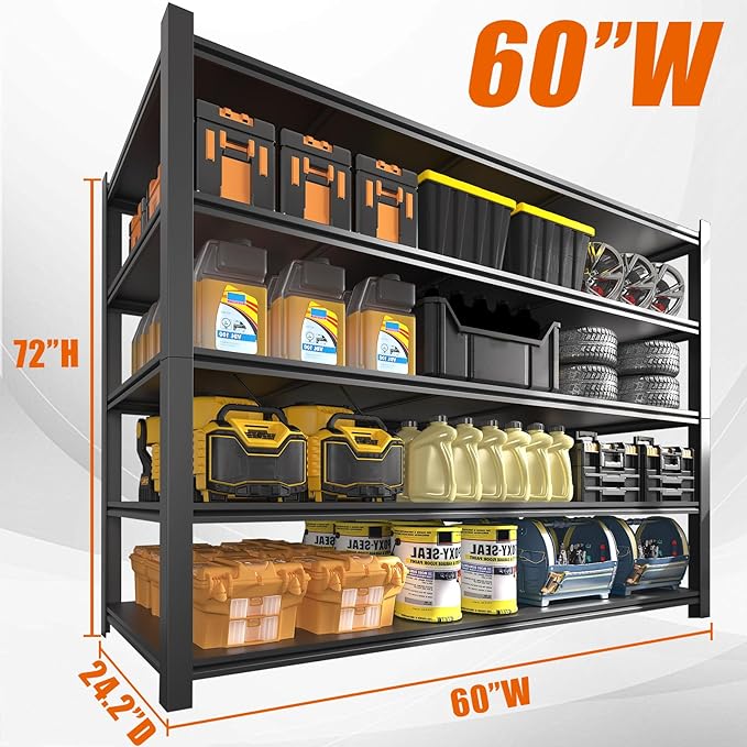 60"W Garage Shelving Heavy Duty Metal Shelving 3000LBS Storage Shelves Adjustable 5 Tier Metal Shelves for Storage Industrial Shelves for Garage, Warehouse, 24.2" D x 60'' W x 72'' H, 2 Packs