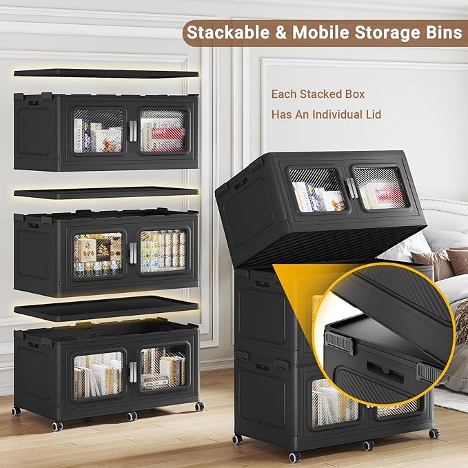 BROVIEW 880 Qt Stackable Storage Bin with Lid, 220Gal Extra Large Collapsible Storage Boxes, Folding Plastic Drawer, Heavy-Duty Store Cabinet, Closet Organizer for Home Kitchen, 4 Pack Black