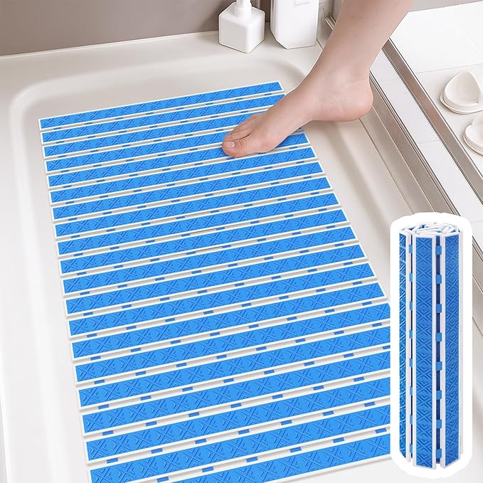 Matace Non Slip Rubber Bathtub & Shower Mat with Suction Cups, Thick Textured Surface, Fast Drain and Upright Drying Design, No Pooling Water for Better Hygiene, 27 x 16 Inch, Navy Blue