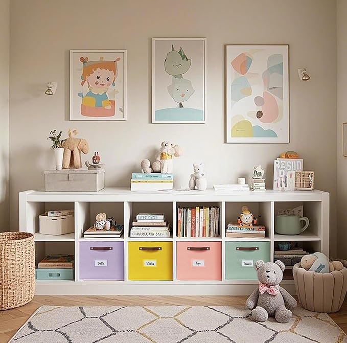 DECOMOMO Storage Bins, Cube Storage Bin with Labels, Fabric Storage Cubes for Shelves (10.5" x 11" / 6pcs, Rainbow)