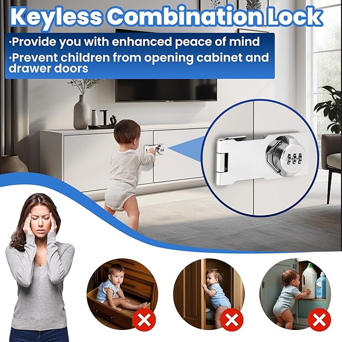 Keyless Cabinet Lock with Combination Code - 3-Digit Password Hasp Latch Lock for Drawers, Bifold Closet Door and Double Sided Door (Silver, 4.5 Inch)