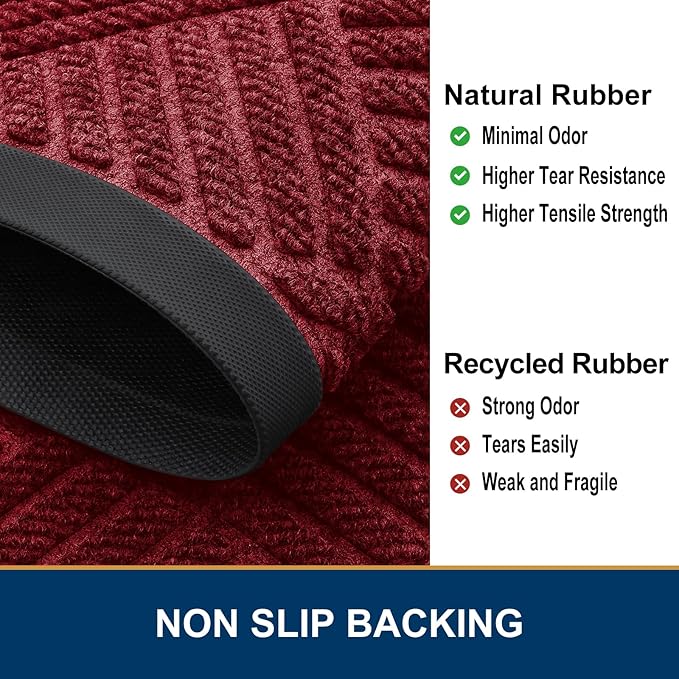 Smiry Front Door Mat Outside Entrance, Heavy Duty Outdoor Indoor Natural Rubber Doormat, Non Slip, Trap Dirt and Moisture, Easy Clean, Low Profile Patio Porch Entryway Mat, 29.5x17, Wine Red