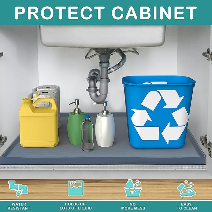 URMONA Waterproof Silicone Under Sink Mat 22'' x 22'' Shelf Liner for Kitchen and Bathroom, Cabinet and Counter Protector, Storage and Organizers, Litter Mat, Pet Cat Puppy Essentials(Beige)