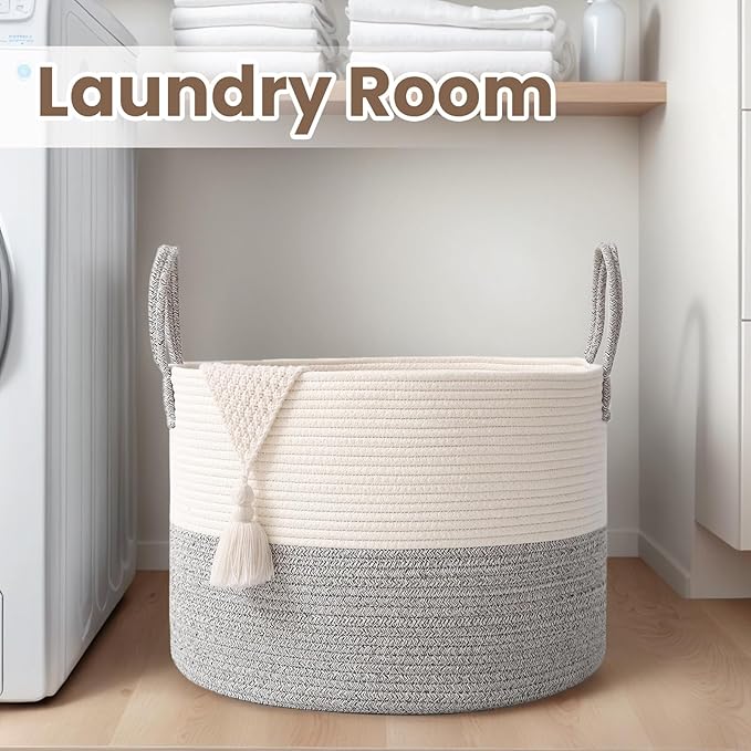 Woven Blanket Basket,115L Large Rope Storage Bin with Handles, Organizer for Blankets Toys Book and Clothes, Laundry Basket for Living Room Bedroom Nursery,White&Grey