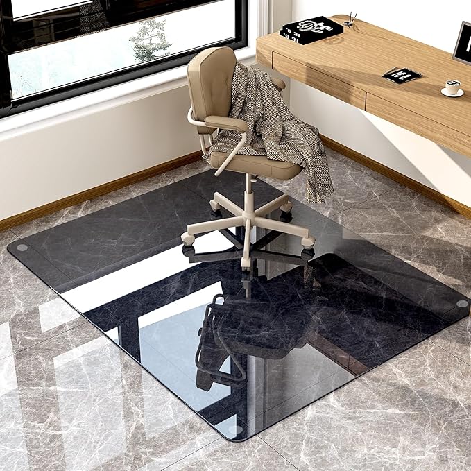 GLSLAND 46" × 55" [Tempered Glass] Chair Mat – Durable Office Chair Mat on Carpet with 0.2" Thickness, 4 Non‑Slip Pads, Sleek & Sturdy Matte Gray Finish, Smooth Glide & Easy Clean, Blue & Grey