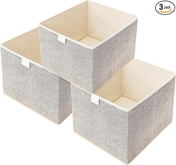 Storage Baskets, 11.8-Inch Woven Fabric Bins, Storage Cubes with Reinforced Handles, Organizer Bins for Closet Shelves, Foldable, for Toys, Clothes, Natural Beige (3PCS/Beige-11.8*11.8*11.8inch)