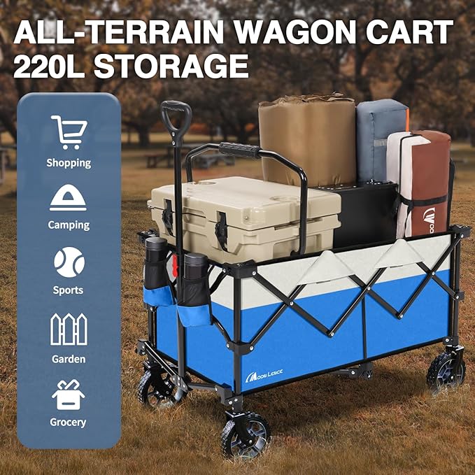 Moon Lence Collapsible Folding Wagon Cart Heavy Duty Folding Garden Portable Hand Cart with All-Terrain Beach Wheels, Adjustable Handle & Drink Holders (Blue & Ivory)