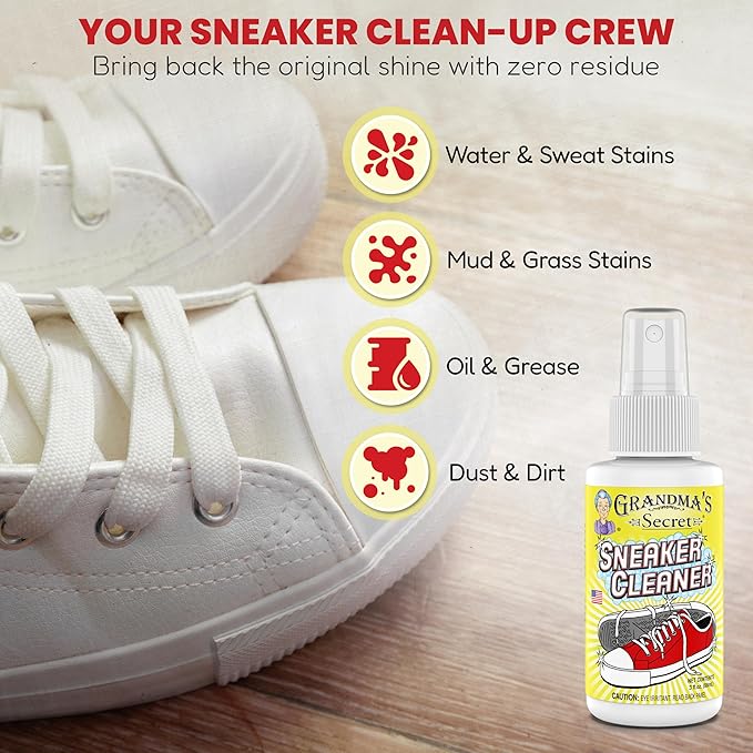 Grandma's Secret Shoe Cleaner - Stain Remover Spray for Rubber, Canvas and Leather - Removes Dirt, Grime and Grass - Sneakers Cleaner for Outdoor Shoes, Slippers and Moccasins - 3 Ounce