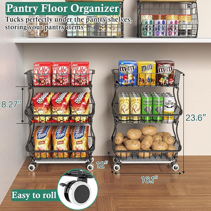 3-Tier Rolling Pantry Floor Organizer and Storage Cart with Wheels, Stackable Wire Pantry Baskets for Pantry Shelves, Kitchen Fruit Basket Stand and Storage Rack for Fruit Snack Onion Potato
