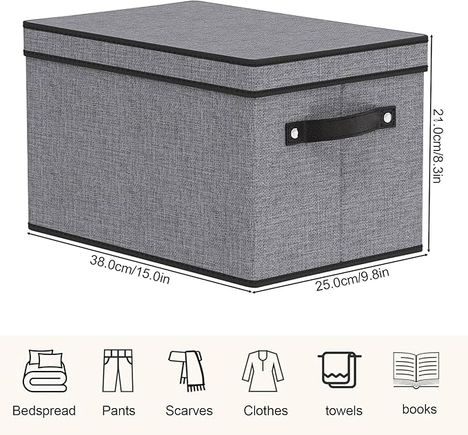 Storage Boxes, 15 x 9.8 x 8.3 Inch Baskets for Organizing with Lids, Fabric Bins with Handles, Decorative Linen Closet Organizers, Gray, 1 Pack