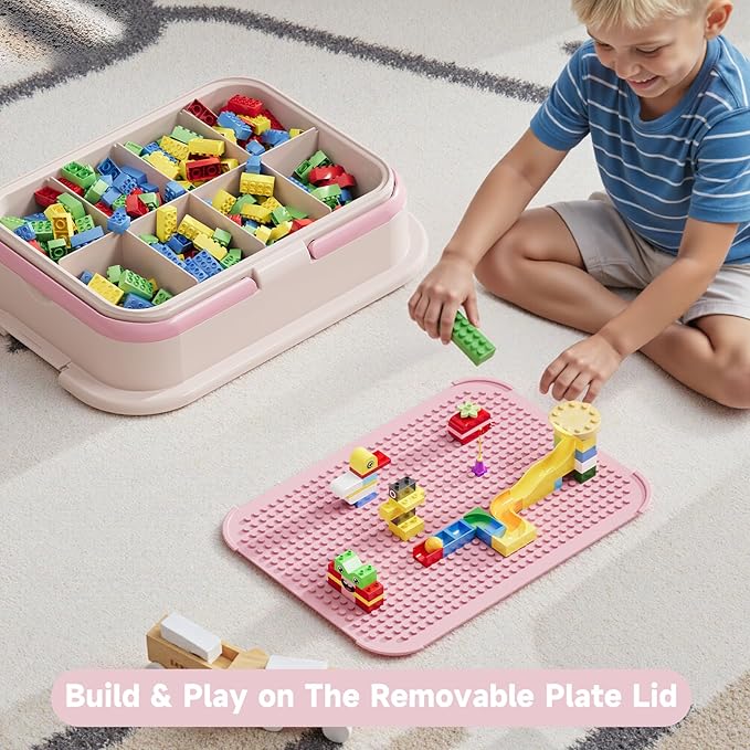 Toy Storage Organizer Box with Handle, Stackable Building Block Toy Box with Building Plate Lid & Removable Sorting Trays, Cubby Bins and Containers 2 Layer (Pink)