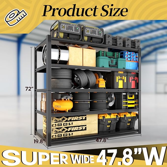 47.8" W Heavy Duty Garage Shelving 3000LBS Storage Shelves, Adjustable 5-Tier Storage Rack, Metal Shelves for Garage/Warehouse/Basement, 47.8" W x 19.8" D x 72" H, 4 Pack