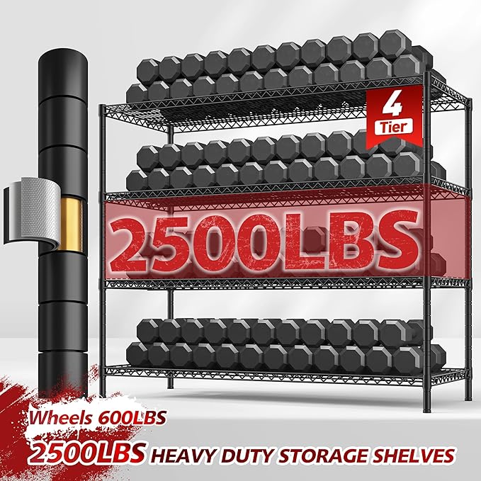REIBII 75.6" H Storage Shelves 2500LBS Wire Shelving Unit with Wheels Garage Shelving Heavy Duty Metal Shelves for Storage Rack Adjustable Pantry Shelf Commercial Shelving, 75.6" H X 55.5''W X 24" D